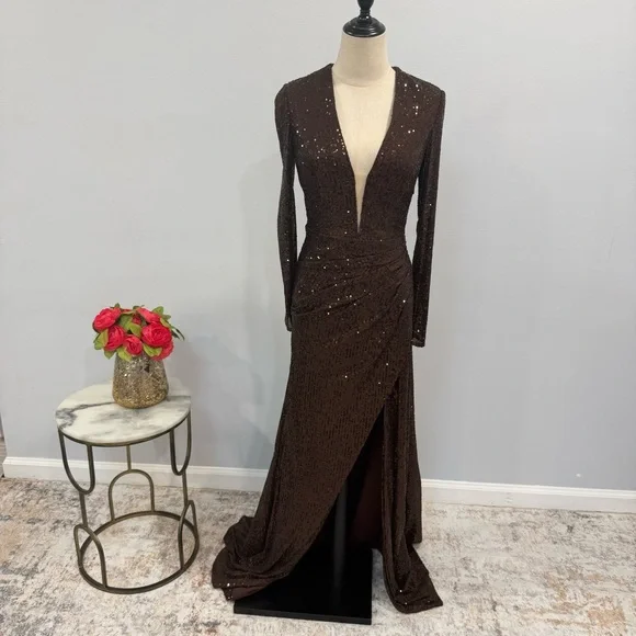IEENA Mac Duggal Chocolate Brown Sequins Embellished Long Sleeve High Slit Gown